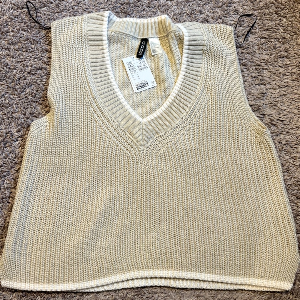 NWT H&M Women's Knit Vest Tan with Cream Border Size Large